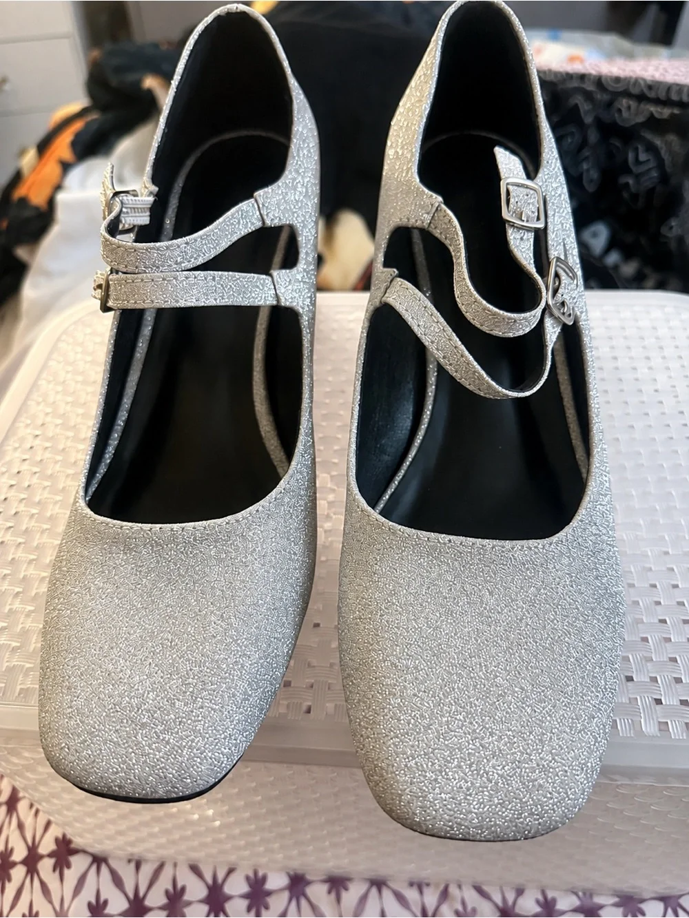 Silver Glitter Double Strap Mary Jane Block Heels Size 40